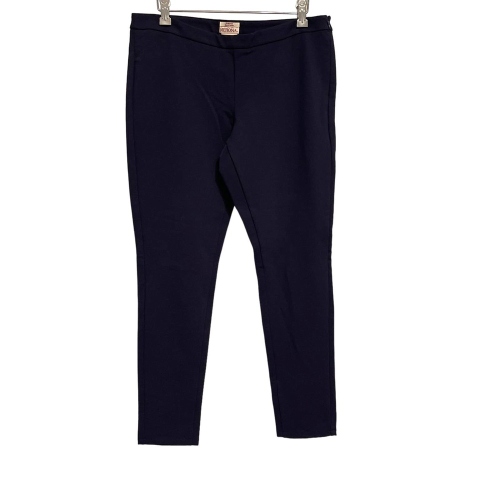 Merona Women Navy Blue Stretch Ponte Knit Slim Leg Side Zip‎ Dress Pants Size 12